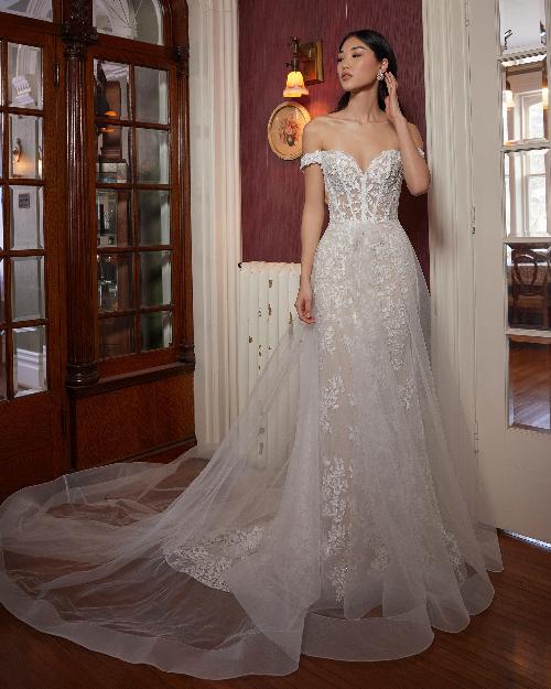 La23243 off the shoulder lace wedding dress with sweetheart neckline1